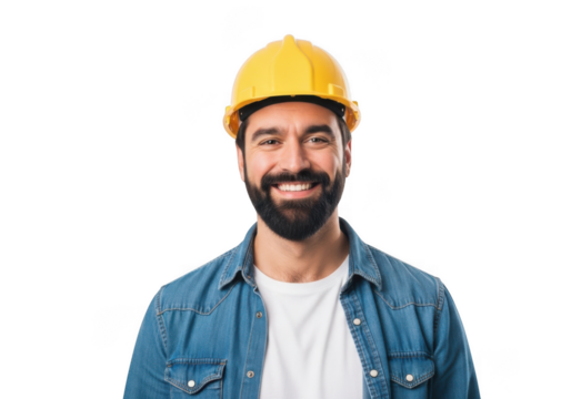 Smiling bearded man wearing a yellow hard hat and denim shirt isolated on transparent background