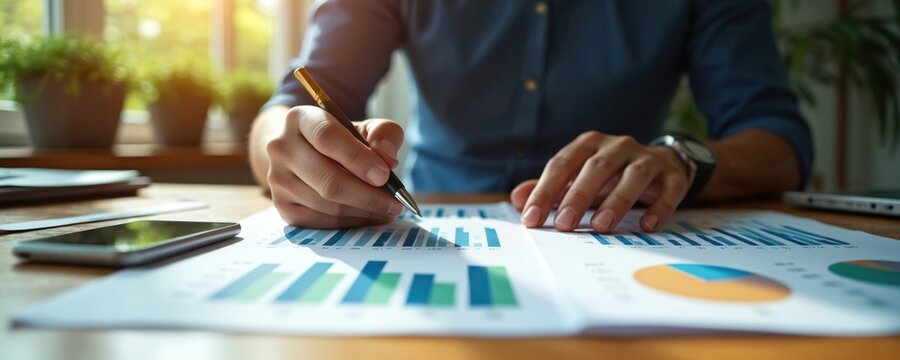 Man studies business charts on desk. Analyzes financial data, using pen, paper. Laptop, smartphone nearby assist work. Plants, window create office vibe. Reviews growth metrics for company strategy.