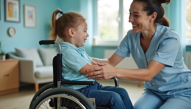 Female therapist assists girl in wheelchair indoors. Child disability. Woman helps patient with health issues, smiles. Young kid communicates with doctor at care center. Support in rehab. Wears blue