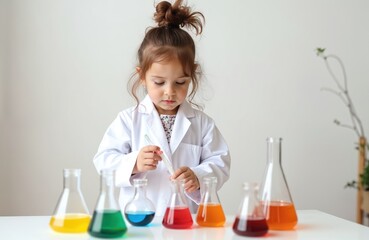 Cute toddler girl plays scientist doing experiments with colorful liquids in lab glassware. Child wears lab coat playing scientist at home. Kid studies and researches chemicals.