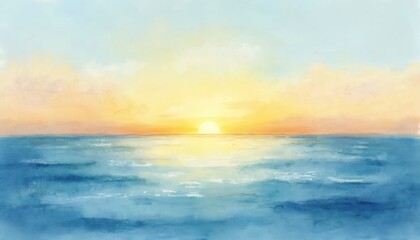 Watercolor sea at sunset artistic painting. Sun reflects in water. Sky mixes warm light and cool blue colors. Calm horizon artwork. Ocean design template. Summer vibe graphic resource.