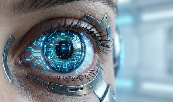Blue cyber eye with futuristic digital interface and glowing circuitry
