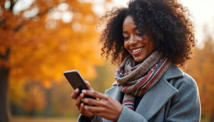 Young Black woman smiles, looking at smartphone in vibrant autumn park. Happily texts browses online content, enjoying colorful fall foliage. Happy lady wears cozy scarf, warm coat, connecting with