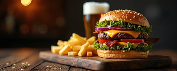 Burger served with french fries, beer on wooden board. Cheeseburger includes beef, cheese, tomato, bacon, lettuce. Junk food concept. Mug of lager. American fastfood served in pub. Unhealthy lunch at