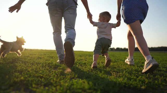 A child is held by both hands of a man and a woman while the child happily jumps. A dog follows the child and man on the grass in the open field during daylight.