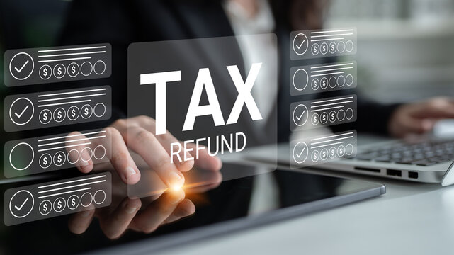 A professional woman interacts with a digital interface showcasing tax refund options and financial checklists in a sleek, modern office environment. Gantry