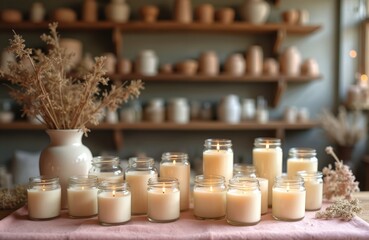 Collection of soy wax candles in glass jars displayed on a table with dried flowers. Shelves with pottery in background. Natural, handmade, eco-friendly home decor items.