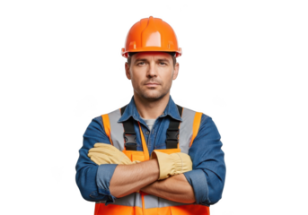 Focused male construction worker wearing orange hard hat safety vest and gloves arms crossed isolated on transparent background