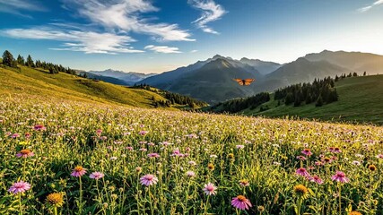 A breathtaking wide shot captures a vast mountain meadow carpeted with countless vibrant wildflowers in various shades of pink, purple, and yellow, bathed in the soft, golden light of dawn or dusk. A 