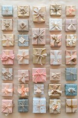 Seasonal Bliss: Flat Lay of Wrapped Xmas Gifts in Beige