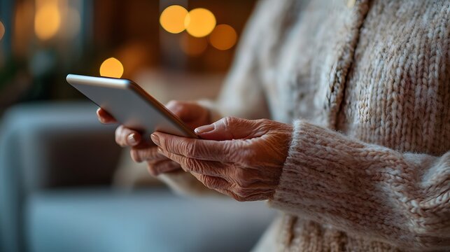 Elderly woman using smartphone indoors