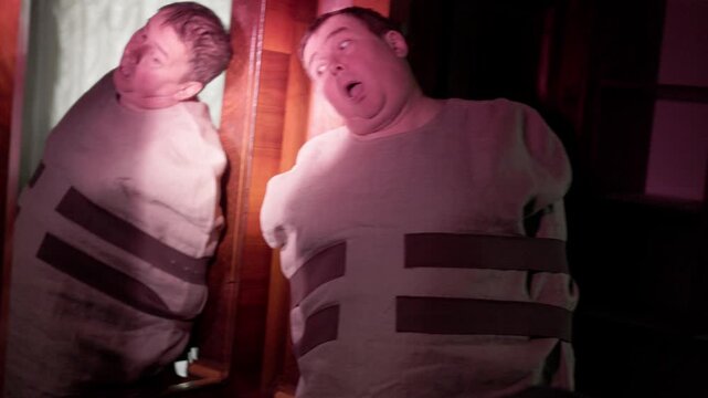 A drunk man walks staggering left and right. A drunk guy in a straitjacket has delirium tremens, tremors, and bipolar disorder.Drunk man near the mirror.