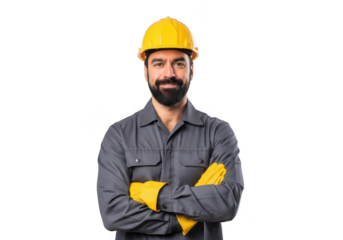 A smiling construction worker wearing a yellow hard hat and grey uniform with yellow gloves arms crossed isolated on transparent background