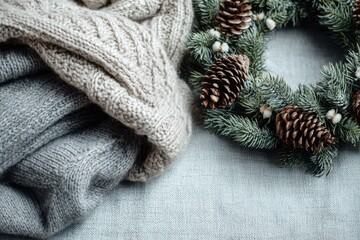 Cozy Gray Blanket Laid on a Soft Light Surface with a Festive Pine Wreath, Ideal for Holiday Decor