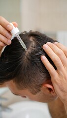 Fototapeta premium Male scalp serum application with dropper, hairline treatment, scalp care routine in bathroom, hair wellness booster, peptide tonic for thinning hair, cooling effect liquid, healthy scalp focus