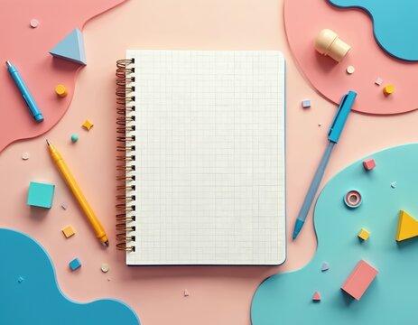 Colorful desk with blank notebook and pens. Geometric shapes and office supplies arranged creatively. Vibrant background for notes, planning, or study projects.