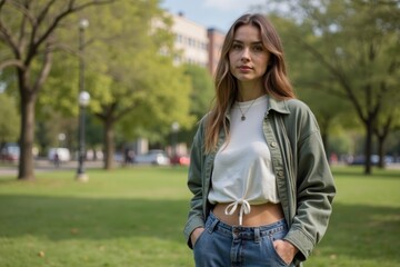 A young fashion designer showcases her newest sustainable streetwear collection during an outdoor photoshoot in the city park.