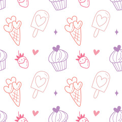 Cute Dessert Seamless Pattern with Cupcakes, Ice Cream and Strawberries