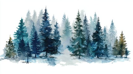 Fototapeta premium Artistic Winter Forest: Hand-Drawn Watercolor Holiday Trees Amidst Snowy Serenity