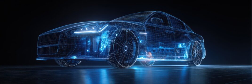 Futuristic Vehicle Design: 3D Wireframe of a Modern Automobile on Asphalt Background