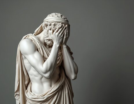Antique marble statue of man with beard covers face with hands. Ancient Greek sculpture expresses shame, frustration despair. Performs funny facepalm gesture on gray background. Concept of regret