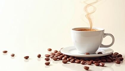 Obraz premium Hot coffee in white ceramic cup with steam. Fresh roasted beans scattered around saucer on light reflective surface. This warm aromatic morning drink invites you to a clean minimalist cafe scene now.