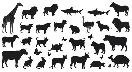 Obraz premium vector Set of animal silhouettes diverse wildlife collection in simple black vector shapes isolated on white background