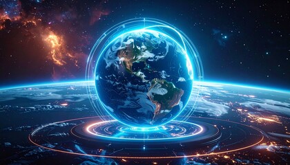 Earth hologram with futuristic global technology.