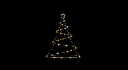 A Christmas tree decorated with warm white lights stands against a black background.