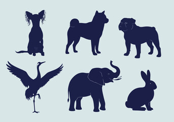 Obraz premium vector Collection of animal silhouettes including dogs a crane an elephant and a rabbit vector illustration isolated on a light background