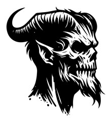 Demon head profile with horns and skull face, horror devil mascot vector illustration for tattoo