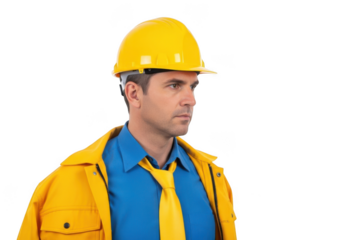 Serious construction worker wearing a yellow hard hat blue shirt and yellow tie with a bright yellow jacket isolated on transparent background