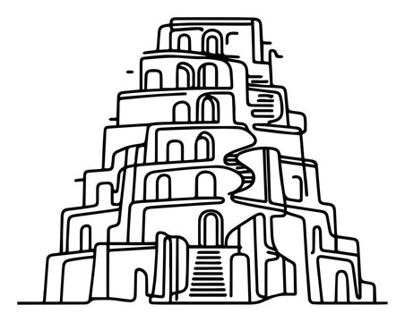 Tower of Babel or ancient ziggurat sketch, biblical architecture building vector illustration