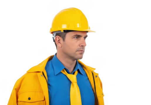 Serious construction worker wearing a yellow hard hat blue shirt and yellow tie with a bright yellow jacket isolated on transparent background
