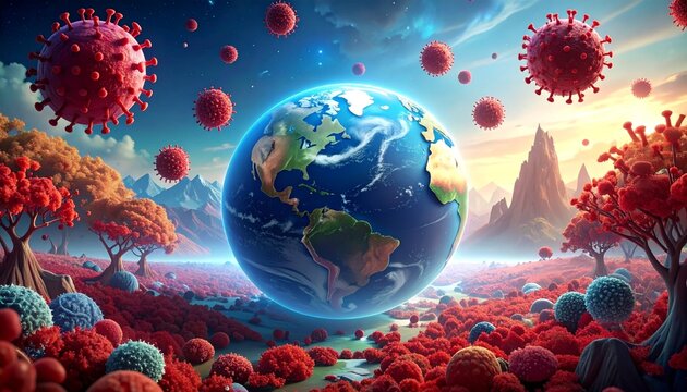 Earth surrounded by virus in surreal scene.