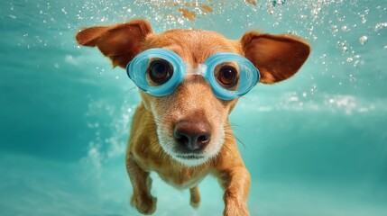 Underwater view of a dog swimming forward while wearing blue goggles in a clear pool.
