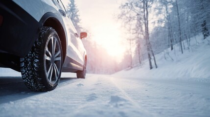 Close view of a car wheel with a winter tire on a snowy forest road in soft morning light.