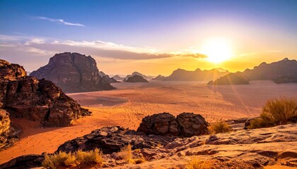 Desert landscape with sunset and mountains.