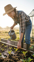 Woman farmer watering seedlings in a garden under sunlight  