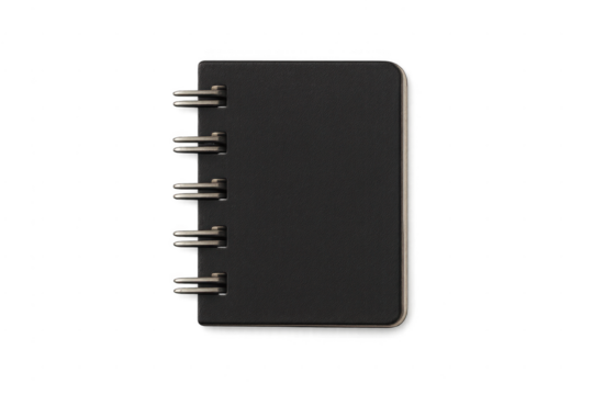 Black spiral notebook with transparent background