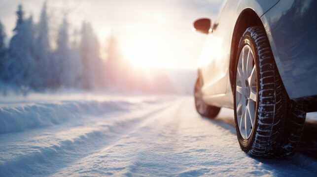 Car wheel with a winter tire moves along a snowy road during bright sunrise.