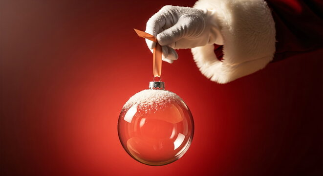 Santa hand holding snow-covered transparent Christmas ornament. Holiday decoration for festive season greetings and celebration.