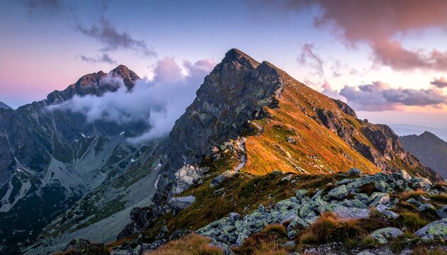 Mountain peak landscape at sunset. - Powered by Adobe