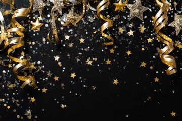 Glimmering New Year's Eve Border of Gold Stars and Confetti on a Black Canvas