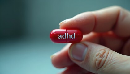 Red capsule pill with text adhd held in hand. Medical treatment for attention deficit hyperactivity disorder. Mental health support and therapy concept. Pharmaceutical drug.