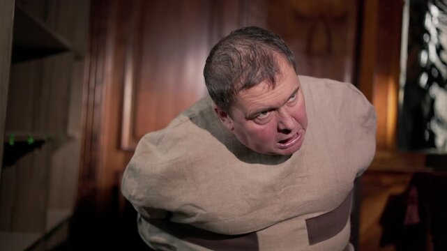 Mentally ill alcoholic person. Straight jacket on the man.