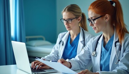 Two female doctors review medical data on laptop in hospital room. They wear white coats and stethoscopes. One types while other holds patient information. Healthcare professionals in consultation.
