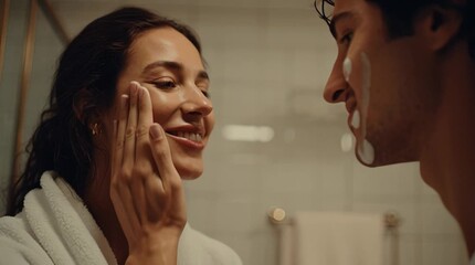 Beautiful couple enjoying a modern skincare routine together in their bathroom, feeling intimate and connected with each other