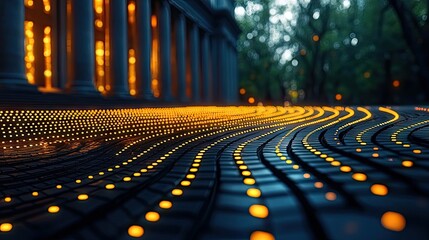 An abstract image of a path with glowing lights, leading towards a building with columns and a blurred background of trees, creating a sense of data flow and co