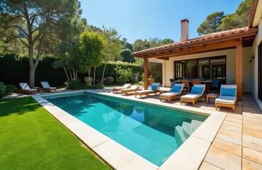 Fototapeta premium Luxury backyard pool scene with sun loungers, outdoor dining area. Spacious estate offers relaxation, leisure in modern design. Bright sunny day showcases beautiful residential property near Miami.